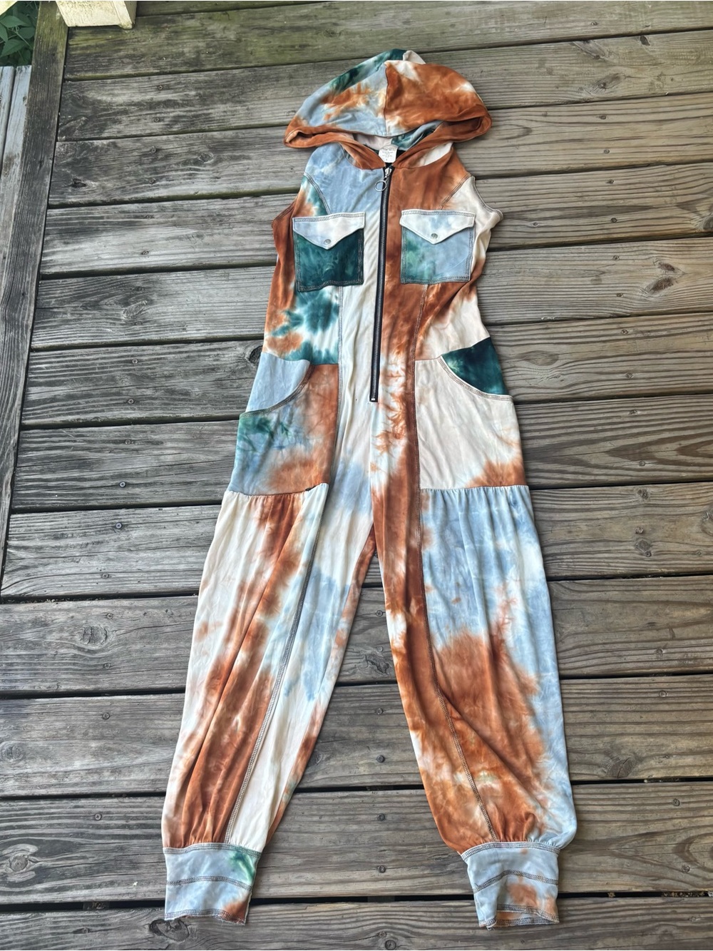 Autumn Teneyl Tie-Dyed Zip Front Hooded Sleeveless Jumpsuit